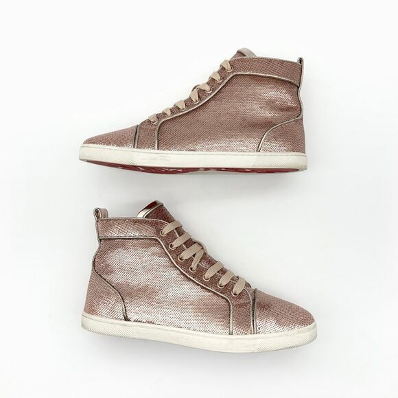 CHRISTIAN LOUBOUTIN Bip Bip Blush Pink Sequin High Top Sneakers Size 38 Lace Up - Picture 9 of 14